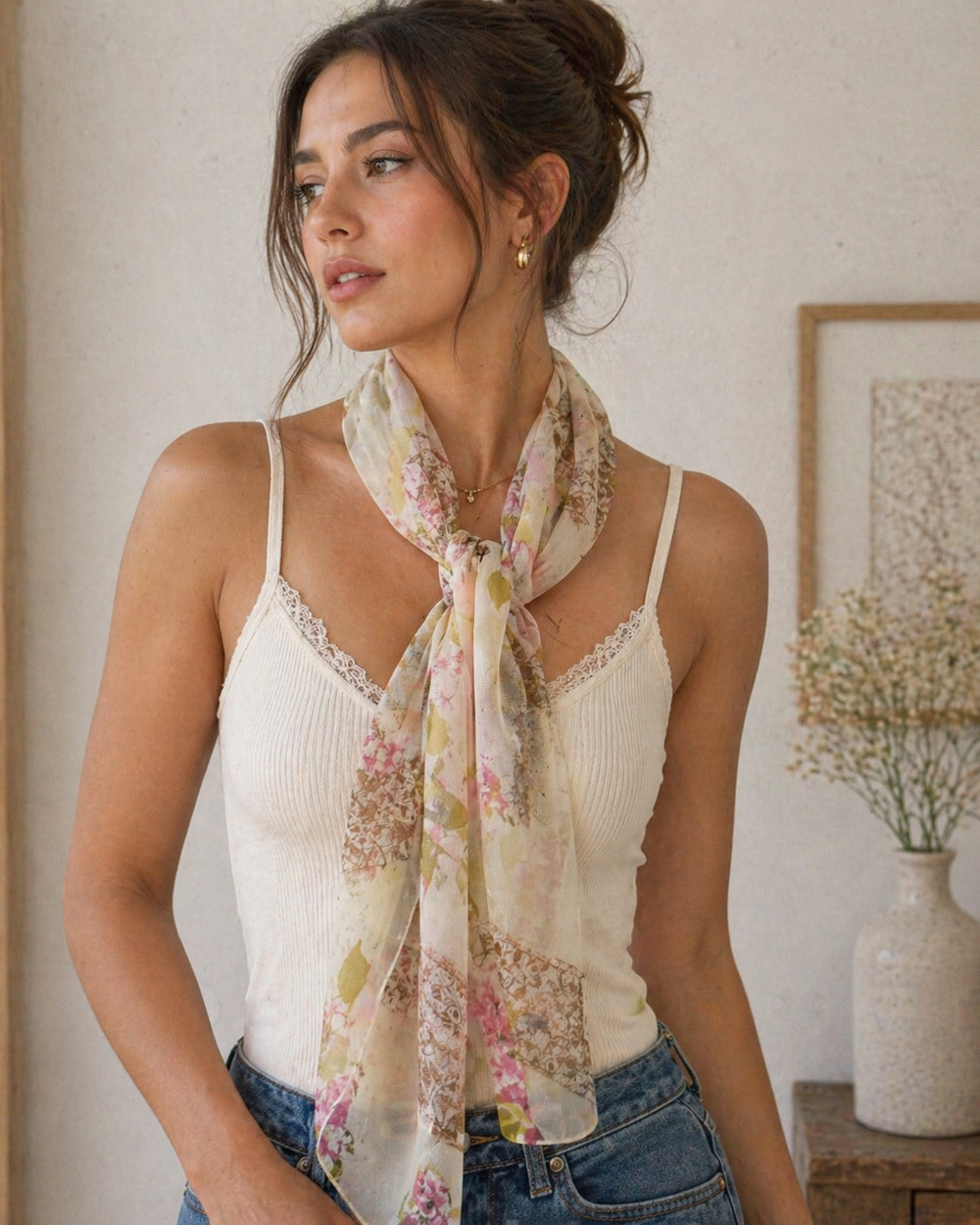 Sheer Floral Scarf Silk Like Romantic Cottagecore Lightweight Rectangle 13x60